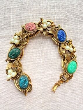 Gold Tone Link Bracelet Kafin Style Multicolor carved stones, pearls, vines